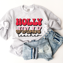 Load image into Gallery viewer, Holly Jolly Teacher Christmas Crewneck Sweatshirt Women&#39;s Unisex-Sized Retro Leopard Print Christmas Design Warm Cozy Gildan Pullover
