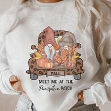 Load image into Gallery viewer, Meet Me At The Pumpkin Patch T Shirt or Crewneck Sweatshirt Women&#39;s Autumn Cute Gnomes Cozy Ash White or Sand Gildan Pullover
