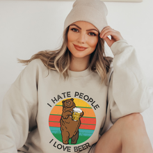 Load image into Gallery viewer, I hate People, I Love Beer Women&#39;s Crewneck Sweatshirt Funny Adventure Outdoors on a Comfy, Cozy White, Ash, or Sand Pullover
