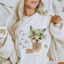 Load image into Gallery viewer, Women&#39;s Fa La La La Llama Crewneck Sweatshirt Cute Warm and Cozy Gildan® Pullover Watercolor Llama Christmas or Winter Shirt
