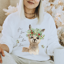 Load image into Gallery viewer, Fa La La La Llama Crewneck Sweatshirt Women&#39;s Winter Watercolor Llama Design Ash or White Cozy Gildan Sweatshirt
