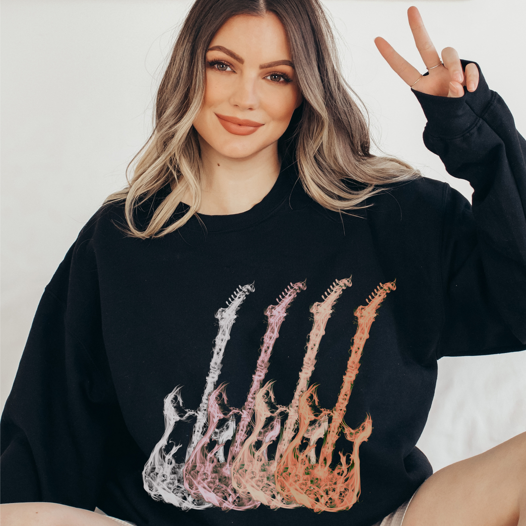 Metal Guitars Unisex Heavy Blend™ Crewneck Sweatshirt Front or Back Design Colorful Rose Gold, Silver, Gold Guitars, Trendy Music Shirt