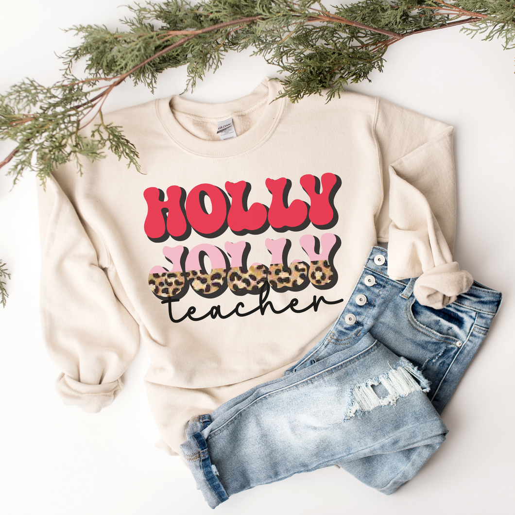 Holly Jolly Teacher Christmas Crewneck Sweatshirt Women's Unisex-Sized Retro Leopard Print Christmas Design Warm Cozy Gildan Pullover