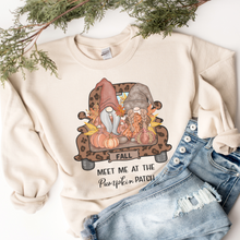 Load image into Gallery viewer, Meet Me At The Pumpkin Patch T Shirt or Crewneck Sweatshirt Women&#39;s Autumn Cute Gnomes Cozy Ash White or Sand Gildan Pullover
