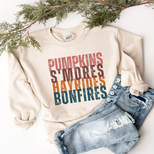 Load image into Gallery viewer, Pumpkins S&#39;more&#39;s Hayrides and Bonfires Women&#39;s T Shirt or Crewneck Sweatshirt Distressed Letters Cozy Gildan Pullover or Bella Canvas Tee
