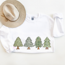 Load image into Gallery viewer, Women&#39;s Christmas Trees Crewneck Sweatshirt, Cozy Gildan® Pullover Ash Sand and White Hand-Drawn Minimalist Christmas Trees
