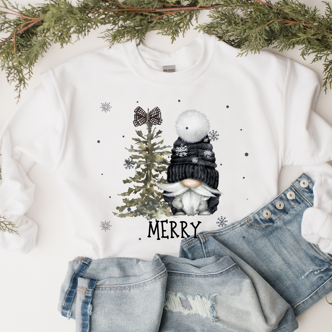 Women's Winter or Christmas Crewneck Sweatshirt Gift for Her Hand Drawn Gnome and Christmas Tree Merry Unisex Size Cozy Oversize Pullover