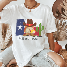 Load image into Gallery viewer, Adorable Texas and Tacos Unisex Bella Canvas® T-shirt Women&#39;s Heather Olive, Deep Heather or White Cute Cowboy Gnome with a Taco
