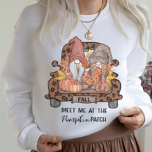 Load image into Gallery viewer, Meet Me At The Pumpkin Patch T Shirt or Crewneck Sweatshirt Women&#39;s Autumn Cute Gnomes Cozy Ash White or Sand Gildan Pullover
