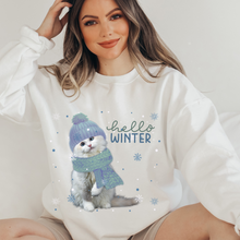 Load image into Gallery viewer, Hello Winter Cat Crewneck Sweatshirt Women&#39;s Soft, Cozy Pullover in Ash or White Cute Watercolor Cat in a Beanie Design
