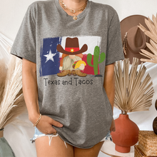 Load image into Gallery viewer, Adorable Texas and Tacos Unisex Bella Canvas® T-shirt Women&#39;s Heather Olive, Deep Heather or White Cute Cowboy Gnome with a Taco
