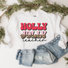 Load image into Gallery viewer, Holly Jolly Teacher Christmas Crewneck Sweatshirt Women&#39;s Unisex-Sized Retro Leopard Print Christmas Design Warm Cozy Gildan Pullover
