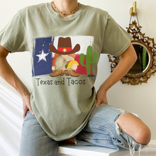 Load image into Gallery viewer, Adorable Texas and Tacos Unisex Bella Canvas® T-shirt Women&#39;s Heather Olive, Deep Heather or White Cute Cowboy Gnome with a Taco
