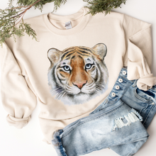 Load image into Gallery viewer, Watercolor Tiger Crewneck Sweatshirt Beautiful Tiger Pullover in White, Sand, Ash, Maroon, Navy Unisex-Sized Sweatshirt
