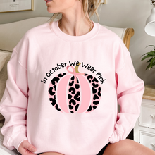 Load image into Gallery viewer, Women's In October We Wear Pink Crewneck Sweatshirt Breast Cancer Awareness Fall Cancer Pullover White, Light Pink or Heliconia Colors
