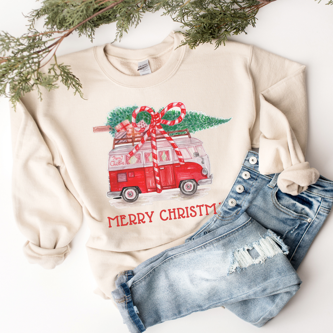 Christmas Vintage Van Crewneck Sweatshirt Women's Christmas Pullover Christmas Retro Van Crewneck Warm Cozy Gildan Pullover