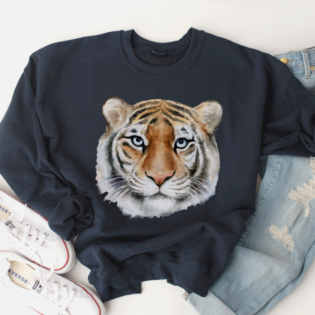 Watercolor Tiger Crewneck Sweatshirt Beautiful Tiger Pullover in White, Sand, Ash, Maroon, Navy Unisex-Sized Sweatshirt