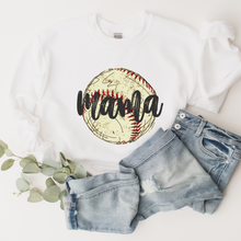 Load image into Gallery viewer, Women&#39;s Spring or Summer Baseball Mama Crewneck Sweatshirt or T-Shirt Hand-Drawn Watercolor Baseball Design Gift for Mom
