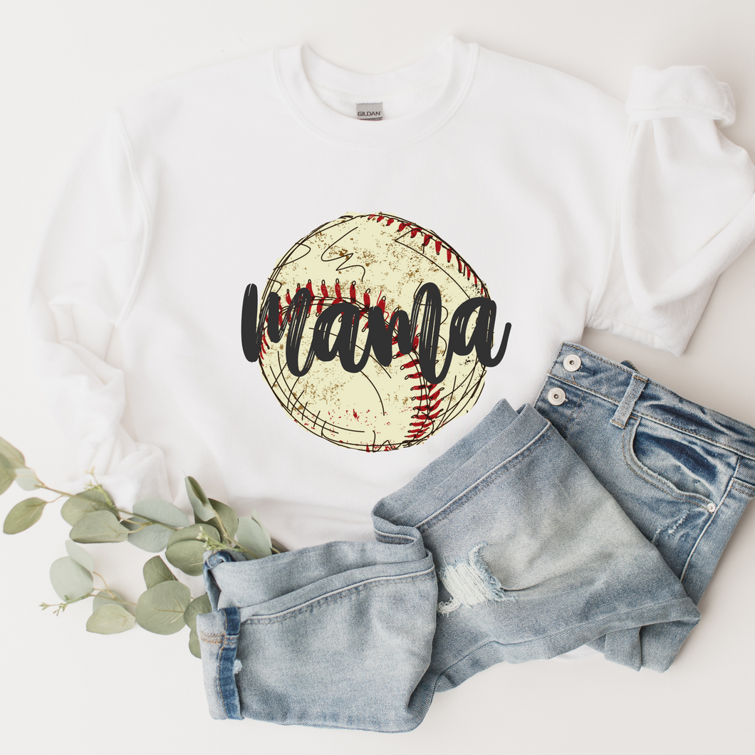 Women's Spring or Summer Baseball Mama Crewneck Sweatshirt or T-Shirt Hand-Drawn Watercolor Baseball Design Gift for Mom