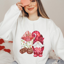 Load image into Gallery viewer, Valentine's Day Unisex-Size Winter Crewneck Sweatshirt Pullover Hand Drawn Gnome with Chocolates and Valentine Pink or White Crewneck

