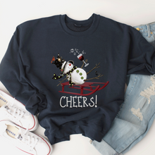 Load image into Gallery viewer, Cheers Tipsy Snowman Crewneck Sweatshirt Women&#39;s Indigo Blue or Navy Christmas or Winter Cozy Pullover Cute Cheers Snowman Sweatshirt
