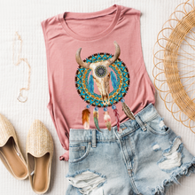 Load image into Gallery viewer, Trendy Desert Tank Summer Western Bull Skull and Dreamcatcher Tank Relaxed Bella Canvas Tank
