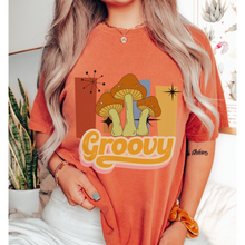 Load image into Gallery viewer, Women's Comfort Colors® Unisex-Size Trendy Retro Groovy Design T-Shirt in Mustard, Yam, White and Sage
