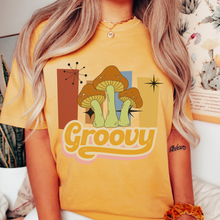 Load image into Gallery viewer, Women's Comfort Colors® Unisex-Size Trendy Retro Groovy Design T-Shirt in Mustard, Yam, White and Sage
