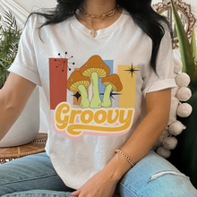 Load image into Gallery viewer, Women's Comfort Colors® Unisex-Size Trendy Retro Groovy Design T-Shirt in Mustard, Yam, White and Sage

