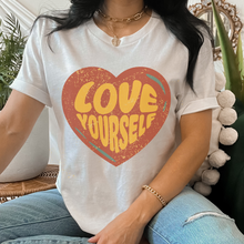 Load image into Gallery viewer, Women's Valentine's Day Comfort Colors® Unisex-Size Trendy Retro Love Yourself Design T-Shirt in Mustard, Yam, White and Sage
