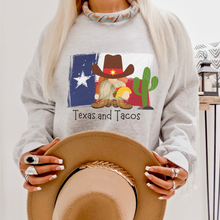 Load image into Gallery viewer, Texas and Tacos Crewneck Sweatshirt or T-Shirt Women&#39;s Pullover Cute Texas Gnome and Taco Pullover or Tee
