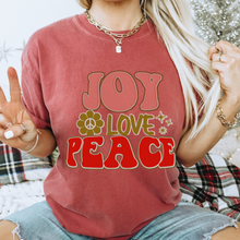 Load image into Gallery viewer, Retro Comfort Colors® Christmas T-shirt, Women&#39;s Trendy Joy Love Peace T-Shirt in Grey, Mustard, Pepper, Yam, Crimson, White, Sage
