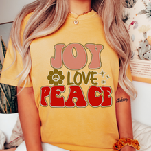 Load image into Gallery viewer, Retro Comfort Colors® Christmas T-shirt, Women&#39;s Trendy Joy Love Peace T-Shirt in Grey, Mustard, Pepper, Yam, Crimson, White, Sage
