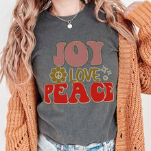 Load image into Gallery viewer, Retro Comfort Colors® Christmas T-shirt, Women&#39;s Trendy Joy Love Peace T-Shirt in Grey, Mustard, Pepper, Yam, Crimson, White, Sage
