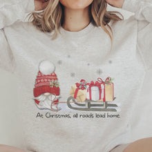 Load and play video in Gallery viewer, Christmas Gnome Crewneck Sweatshirt Women&#39;s Cozy Gildan® Winter Pullover At Christmas All Roads Lead Home Hand Drawn Gnome Lover Gift
