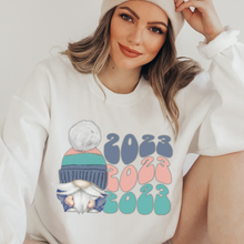 Load image into Gallery viewer, New Year&#39;s 2023 Gnome Retro Crewneck Women&#39;s Sweatshirt Soft, Cozy Crewneck Pullover in Ash or White Vintage Design
