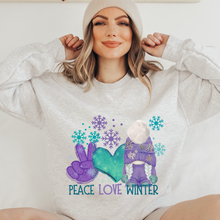 Load image into Gallery viewer, Peace Love Winter Gnome Crewneck Sweatshirt Women&#39;s Soft, Cozy Crewneck Pullover in Ash or White Snowflake and Gnome Design
