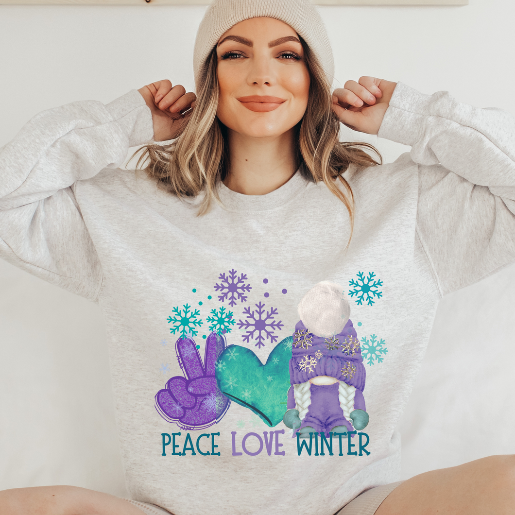 Peace Love Winter Gnome Crewneck Sweatshirt Women's Soft, Cozy Crewneck Pullover in Ash or White Snowflake and Gnome Design