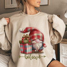 Load image into Gallery viewer, Women&#39;s Cute Christmas Gnome Believe Cozy Crewneck Sweatshirt in Ash, White or Sand Christmas Gift for Her Soft Pullover
