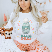 Load image into Gallery viewer, Hello 2023 Women&#39;s Cute New Year Gnome Retro Design Cozy Crewneck Sweatshirt or Soft T-Shirt New Year&#39;s or Christmas Gift for Her
