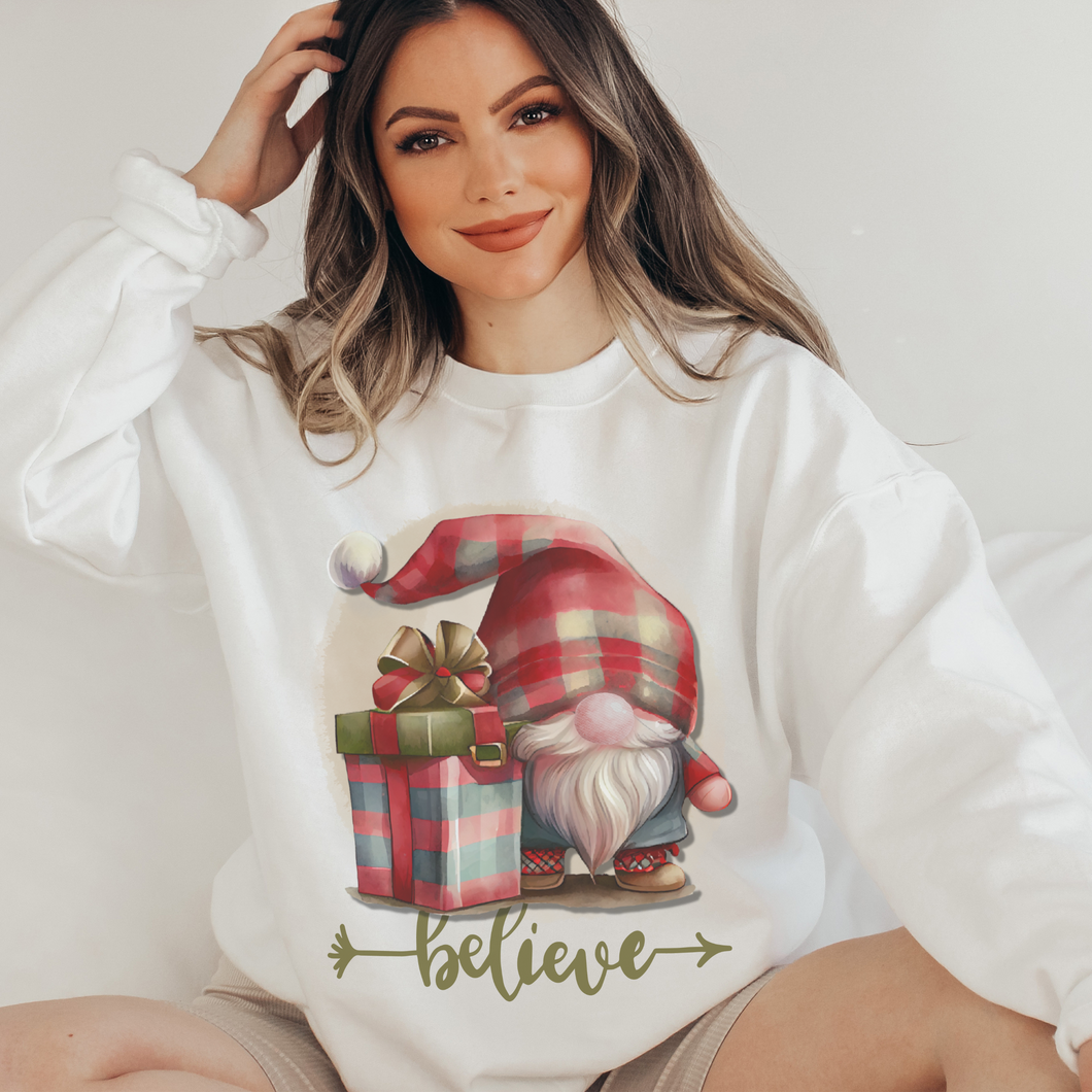 Women's Cute Christmas Gnome Believe Cozy Crewneck Sweatshirt in Ash, White or Sand Christmas Gift for Her Soft Pullover