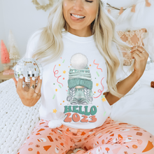 Load image into Gallery viewer, Hello 2023 Women&#39;s Cute New Year Gnome Retro Design Cozy Crewneck Sweatshirt or Soft T-Shirt New Year&#39;s or Christmas Gift for Her
