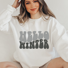 Load image into Gallery viewer, Hello Winter Women&#39;s Soft, Cozy Crewneck Sweatshirt Retro Winter Design in Ash or White Christmas Gift for Her Soft Pullover
