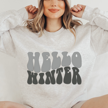 Load image into Gallery viewer, Hello Winter Women&#39;s Soft, Cozy Crewneck Sweatshirt Retro Winter Design in Ash or White Christmas Gift for Her Soft Pullover
