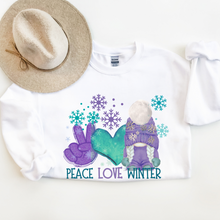 Load image into Gallery viewer, Peace Love Winter Gnome Crewneck Sweatshirt Women&#39;s Soft, Cozy Crewneck Pullover in Ash or White Snowflake and Gnome Design
