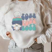 Load image into Gallery viewer, New Year&#39;s 2023 Gnome Retro Crewneck Women&#39;s Sweatshirt Soft, Cozy Crewneck Pullover in Ash or White Vintage Design
