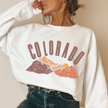 Load image into Gallery viewer, Women's Colorado Mountains Crewneck Sweatshirt Distressed Colorado Design in a Cozy, Warm Winter Adventure Camping Hiking Pullover
