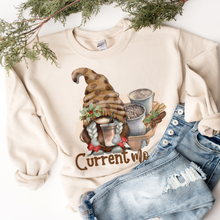 Load image into Gallery viewer, Christmas Women&#39;s Unisex-Size Crewneck Sweatshirt Current Mood Coffee Cute Hand Drawn Watercolor Gnome in Ash, Sand, White or Navy
