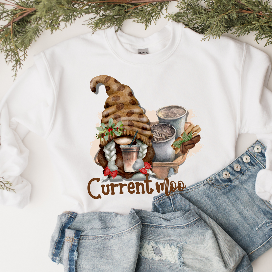 Christmas Women's Unisex-Size Crewneck Sweatshirt Current Mood Coffee Cute Hand Drawn Watercolor Gnome in Ash, Sand, White or Navy