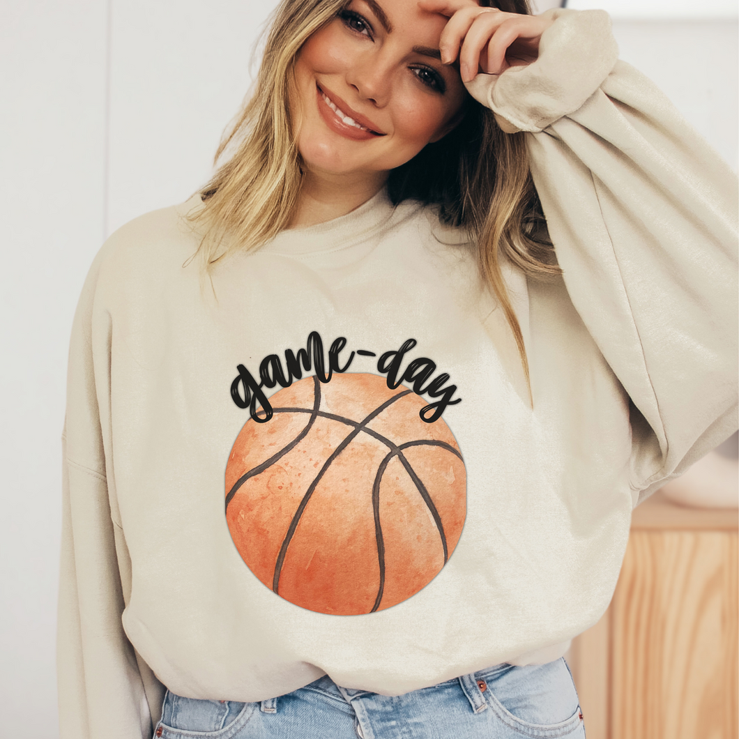 Game Day Basketball Crewneck Sweatshirt Cute Warm and Cozy Gildan® Pullover Watercolor Basketball Fall or Winter Sweatshirt